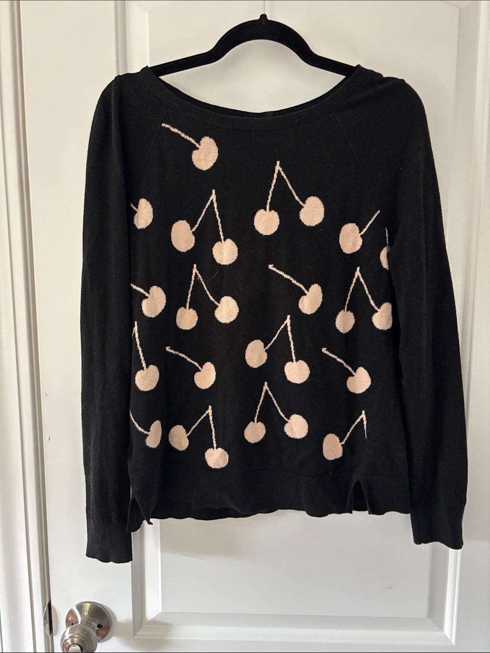 LOFT Black Crewneck Sweater with Light Pink Cherry Pattern